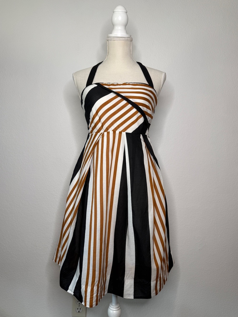 Moulinette Soeurs Striped Halter Dress Black White Brown Size 2